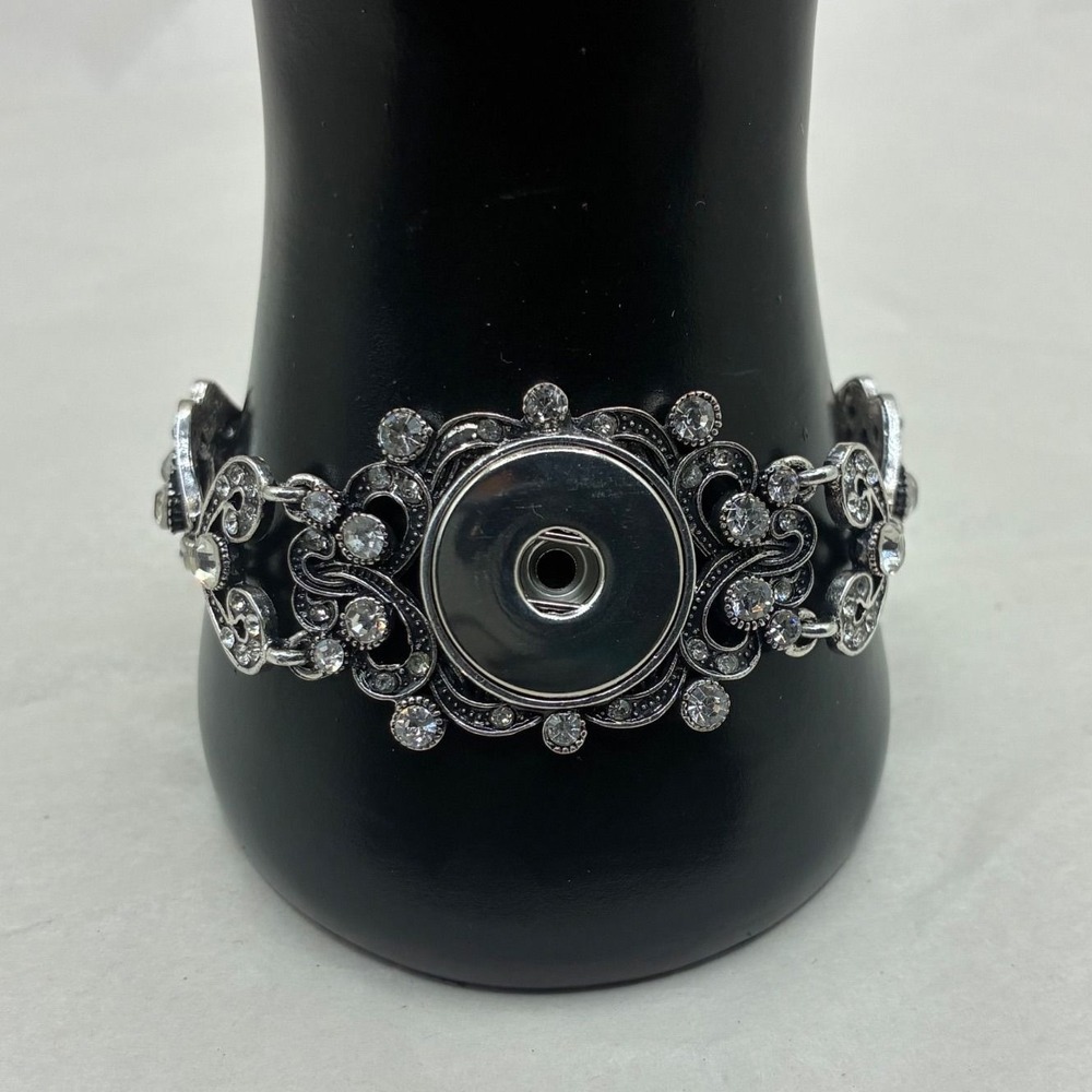 Silver Tone Rhinestone Snap Button Bracelet Interchangeable Filigree Link 7.5in
